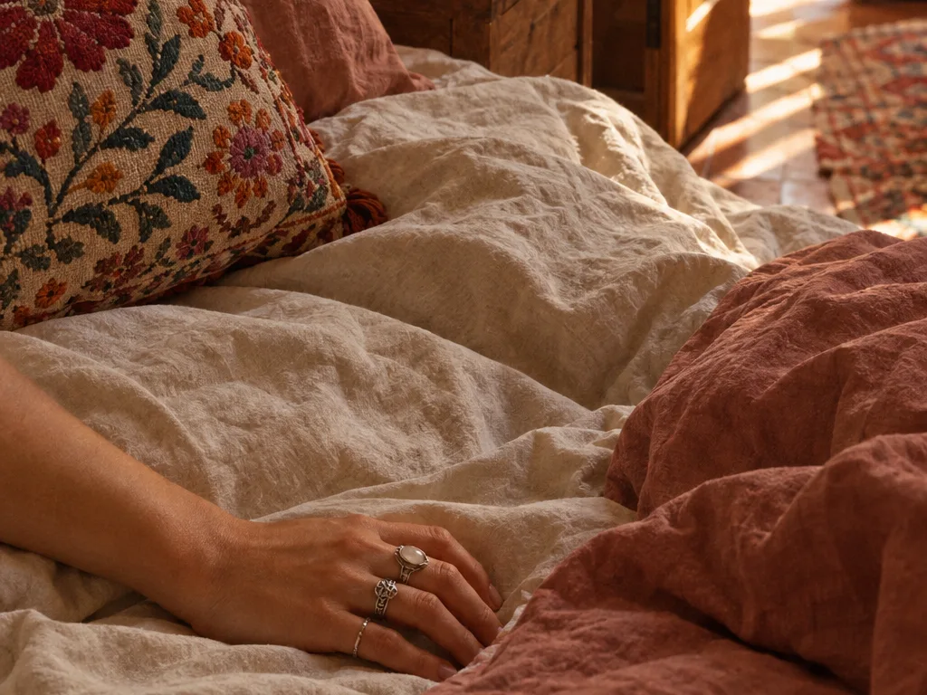 Cama con sábanas de lino arrugadas, cojín bordado y dos tazas de café junto a una puerta entreabierta