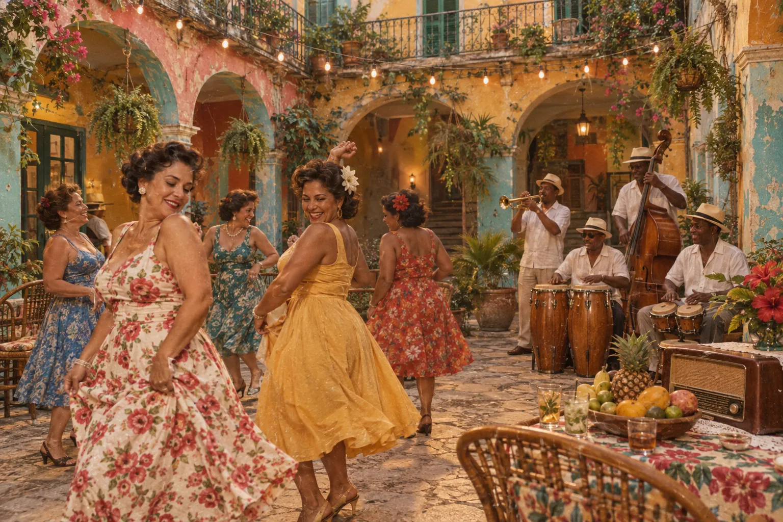 Patio cubano de época en plena fiesta, con músicos y mujeres bailando