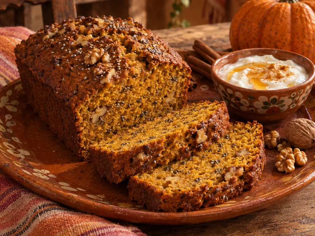 Panqué de calabaza en rebanadas con nueces y chía, junto a un tazón de yogur griego con miel