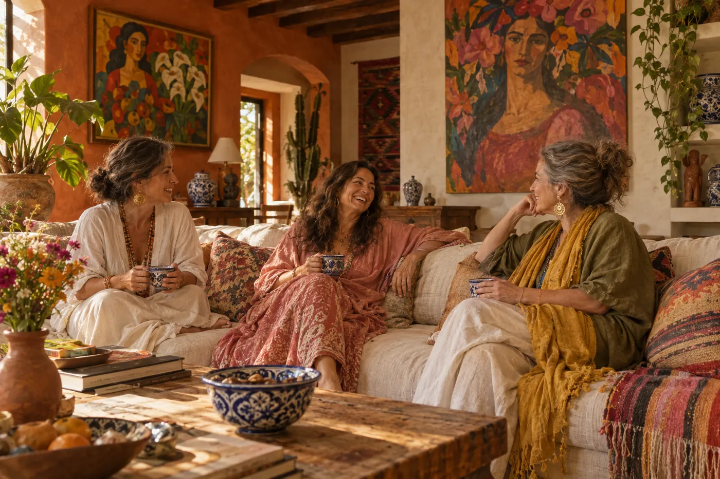 Tres mujeres de entre 40 y 55 años conversan con café en una sala mexicana contemporánea llena de arte